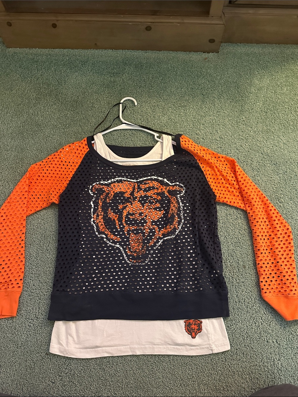 Chicago Bears Womans Navy & Orange Layered Raglan Top with white tank